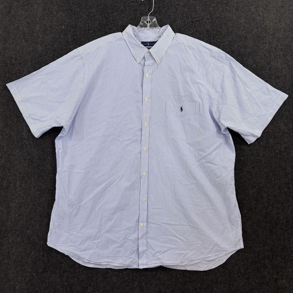 Ralph Lauren Seersucker Shirt Men's 3XLT Tall Blue White Stripe Cotton Pocket